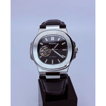 Custom Seiko Mod • Black Open Heart Silver Nautilus • 40mm